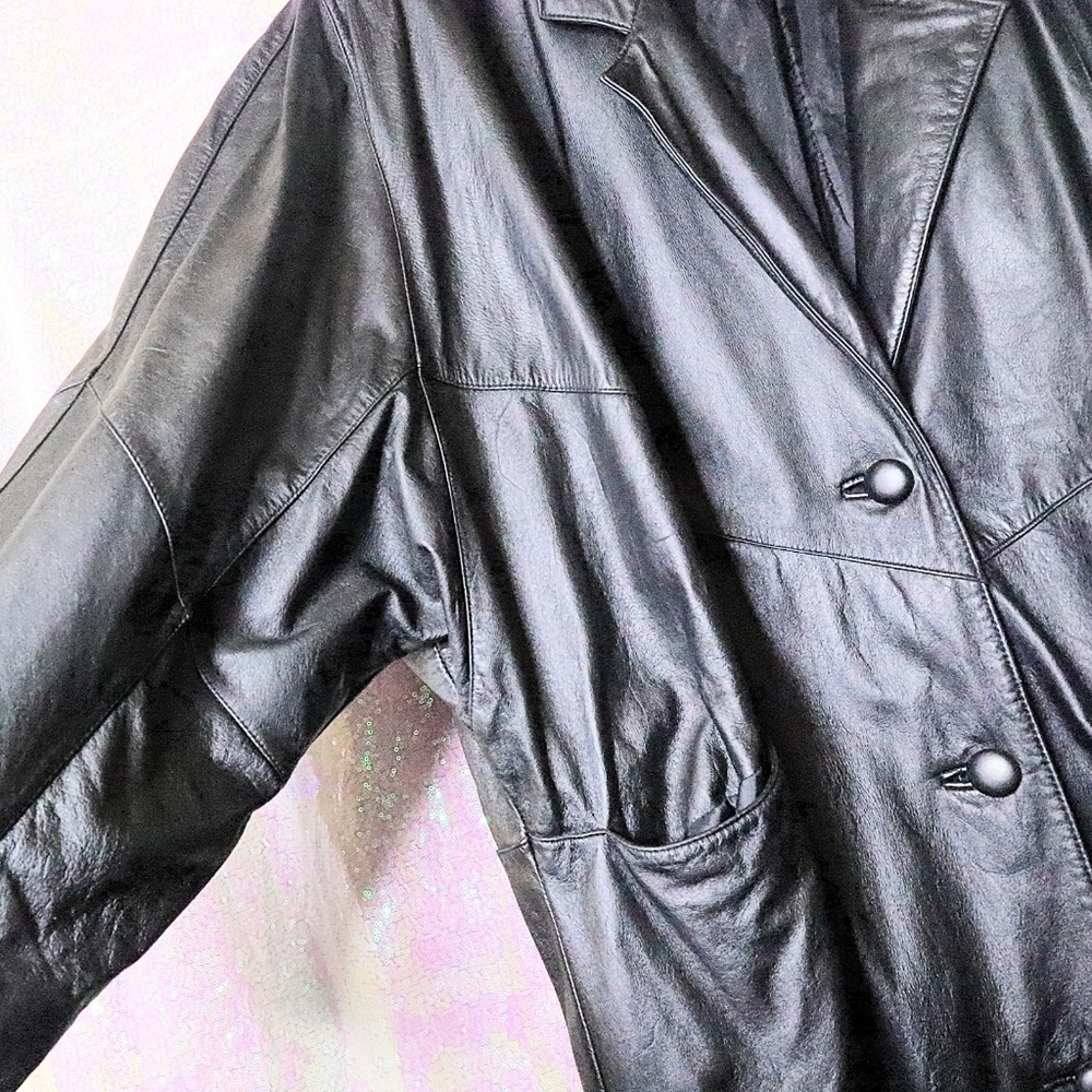 VINTAGE LEATHER TRENCH COAT 22W Venezia Black Halloween Goth Fall Winter Long - Picture 10 of 12
